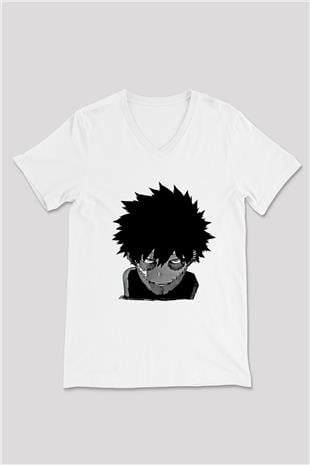 Dabi Baskılı Beyaz Unisex V Yaka Tişört - Tshirt