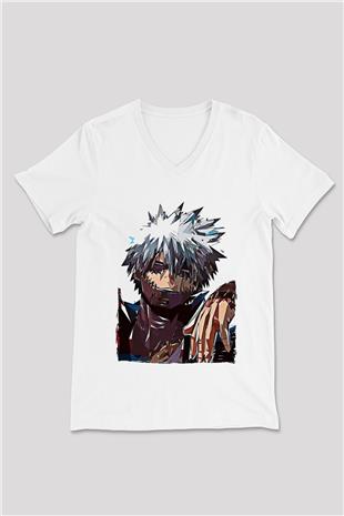 Dabi Baskılı Beyaz Unisex V Yaka Tişört - Tshirt