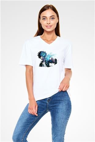 Dabi Baskılı Beyaz Unisex V Yaka Tişört - Tshirt