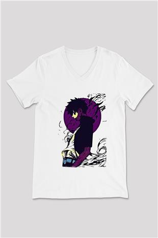 Dabi Baskılı Beyaz Unisex V Yaka Tişört - Tshirt