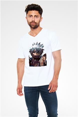 Dabi Baskılı Beyaz Unisex V Yaka Tişört - Tshirt