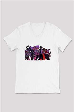 Dabi Baskılı Beyaz Unisex V Yaka Tişört - Tshirt