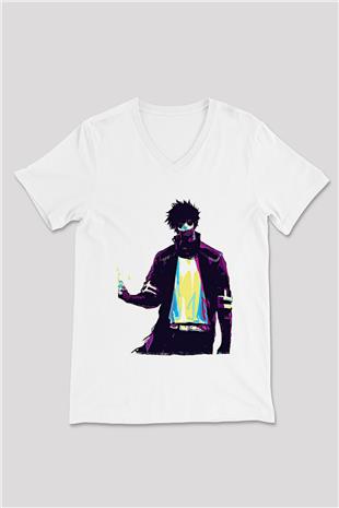 Dabi Baskılı Beyaz Unisex V Yaka Tişört - Tshirt