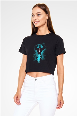 Dabi Baskılı Siyah Crop Top Kadın Tişört - Tshirt