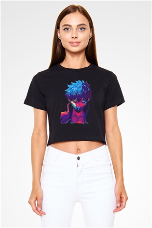 Dabi Baskılı Siyah Crop Top Kadın Tişört - Tshirt