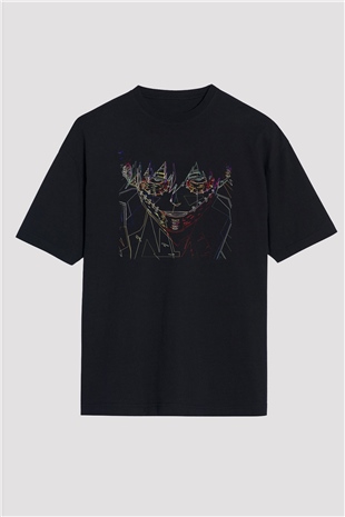 Dabi Baskılı Unisex Siyah Oversize Tişört - Tshirt