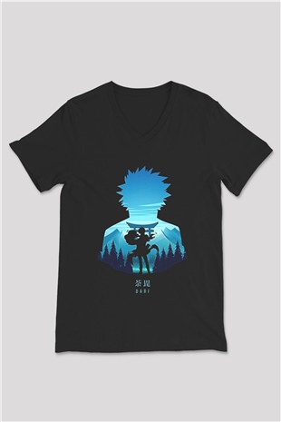 Dabi Baskılı Unisex Siyah V Yaka Tişört - Tshirt