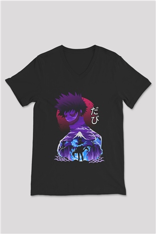 Dabi Baskılı Unisex Siyah V Yaka Tişört - Tshirt