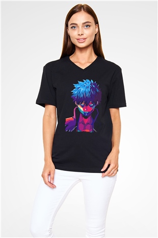 Dabi Baskılı Unisex Siyah V Yaka Tişört - Tshirt