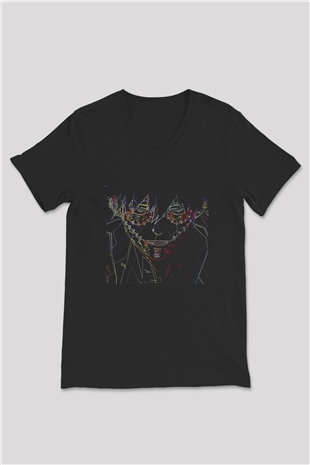 Dabi Baskılı Unisex Siyah V Yaka Tişört - Tshirt