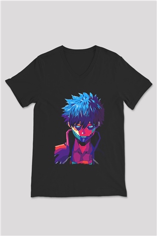 Dabi Baskılı Unisex Siyah V Yaka Tişört - Tshirt
