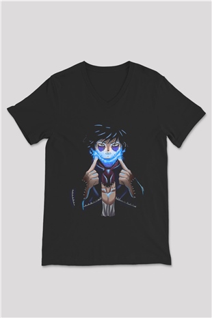 Dabi Baskılı Unisex Siyah V Yaka Tişört - Tshirt