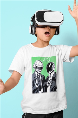 Daft Punk Baskılı Beyaz Unisex Çocuk Tişört