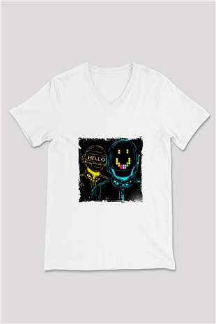 Daft Punk Baskılı Beyaz V Yaka Unisex Tişört