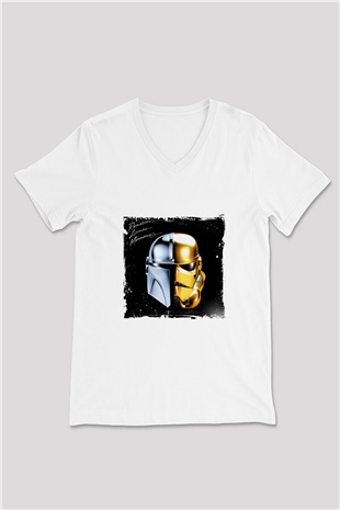 Daft Punk Baskılı Beyaz V Yaka Unisex Tişört
