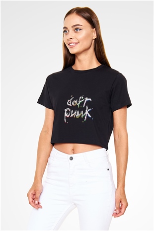 Daft Punk Baskılı Crop Top Siyah Kadın Tişört