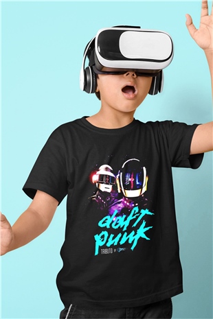 Daft Punk Baskılı Siyah Unisex Çocuk Tişört