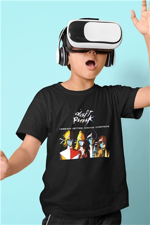 Daft Punk Baskılı Siyah Unisex Çocuk Tişört