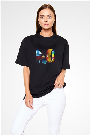 Daft Punk Baskılı Unisex Oversize Siyah Tişört