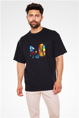 Daft Punk Baskılı Unisex Oversize Siyah Tişört