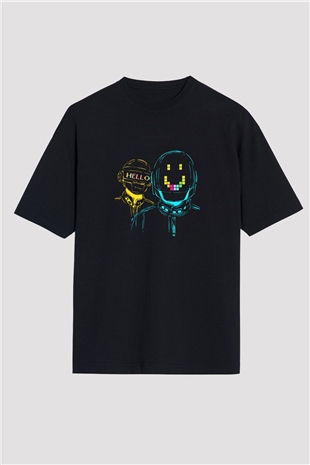 Daft Punk Baskılı Unisex Oversize Siyah Tişört