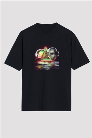 Daft Punk Baskılı Unisex Oversize Siyah Tişört