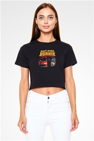 Daft Punk Baskılı Unisex Siyah Crop Top Tişört