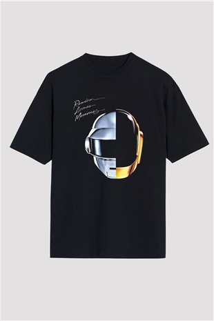 Daft Punk Baskılı Unisex Siyah Oversize Tişört
