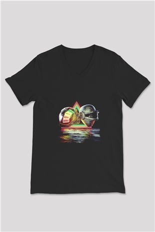 Daft Punk Baskılı Unisex Siyah V Yaka Tişört
