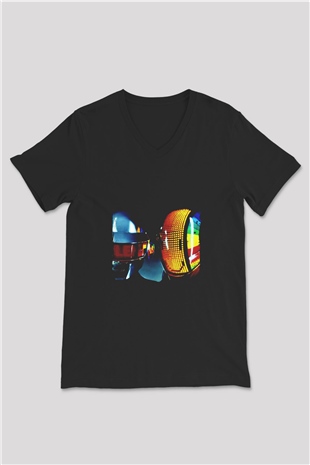 Daft Punk Baskılı Unisex Siyah V Yaka Tişört