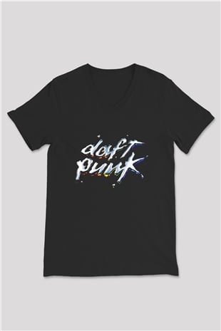 Daft Punk Baskılı Unisex Siyah V Yaka Tişört