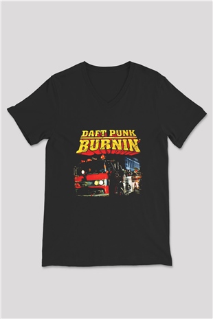 Daft Punk Baskılı Unisex Siyah V Yaka Tişört