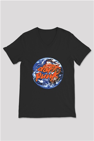 Daft Punk Baskılı Unisex Siyah V Yaka Tişört