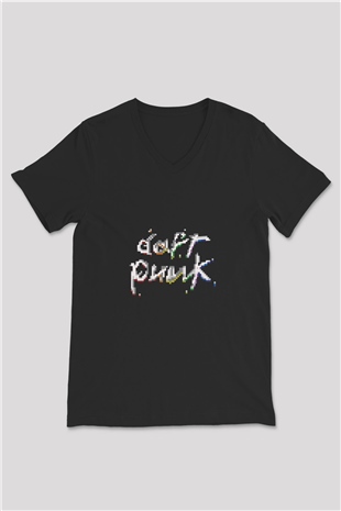 Daft Punk Baskılı Unisex Siyah V Yaka Tişört