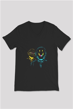 Daft Punk Baskılı Unisex Siyah V Yaka Tişört