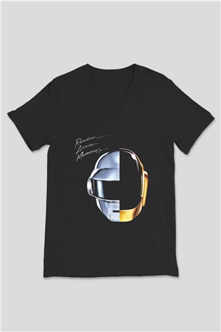 Daft Punk Baskılı Unisex Siyah V Yaka Tişört