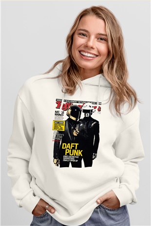 Daft Punk Beyaz Unisex Kapşonlu Sweatshirt