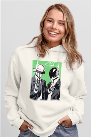 Daft Punk Beyaz Unisex Kapşonlu Sweatshirt