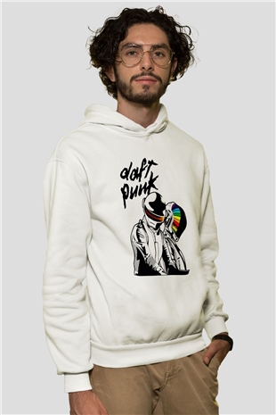 Daft Punk Beyaz Unisex Kapşonlu Sweatshirt