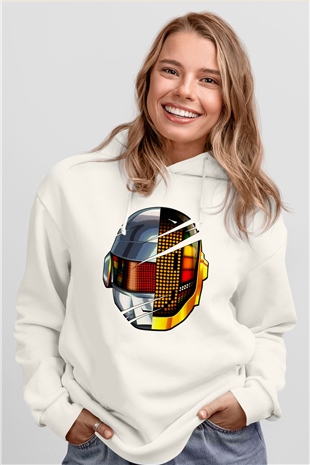 Daft Punk Beyaz Unisex Kapüşonlu Sweatshirt