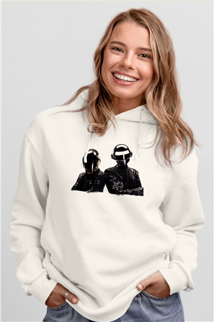 Daft Punk Beyaz Unisex Kapüşonlu Sweatshirt
