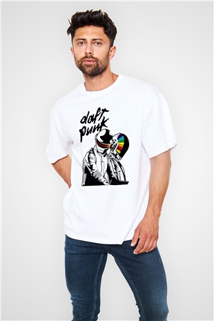 Daft Punk Beyaz Unisex Oversize Tişört T-Shirt