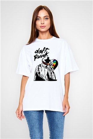 Daft Punk Beyaz Unisex Oversize Tişört T-Shirt