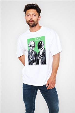 Daft Punk Beyaz Unisex Oversize Tişört T-Shirt