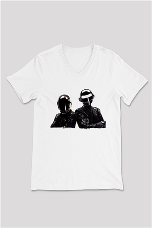 Daft Punk Beyaz Unisex V Yaka Tişört
