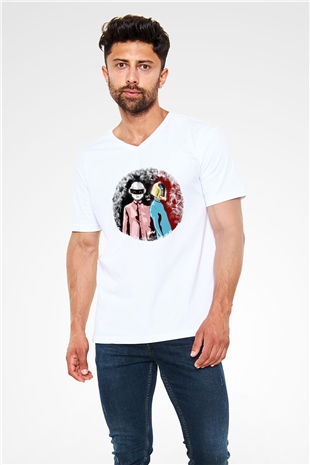Daft Punk Beyaz Unisex V Yaka Tişört