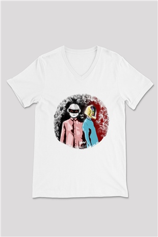Daft Punk Beyaz Unisex V Yaka Tişört