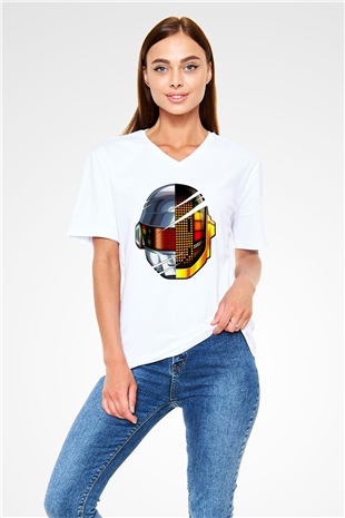 Daft Punk Beyaz Unisex V Yaka Tişört