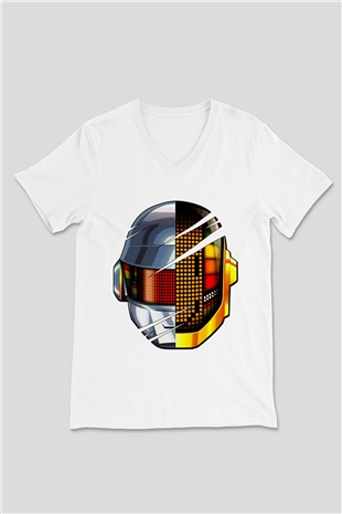 Daft Punk Beyaz Unisex V Yaka Tişört
