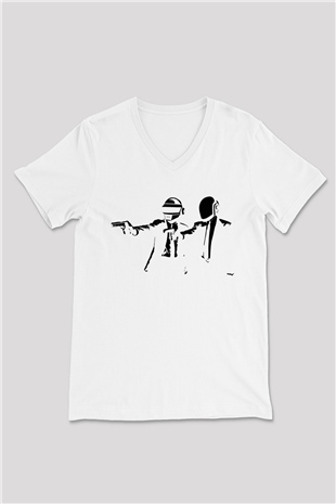 Daft Punk Beyaz Unisex V Yaka Tişört